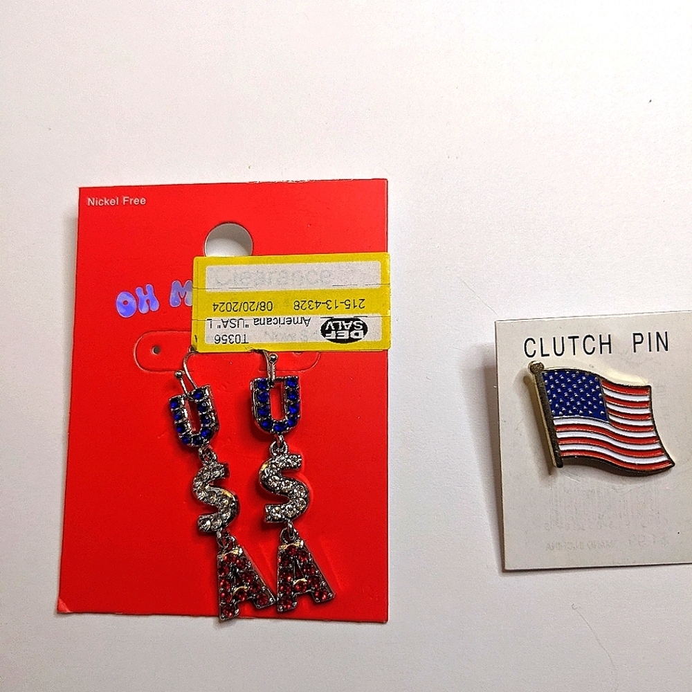 Silver‎ Tone USA Rhinestone Fish Hook Earrings and Silver Tone USA Flag Pin